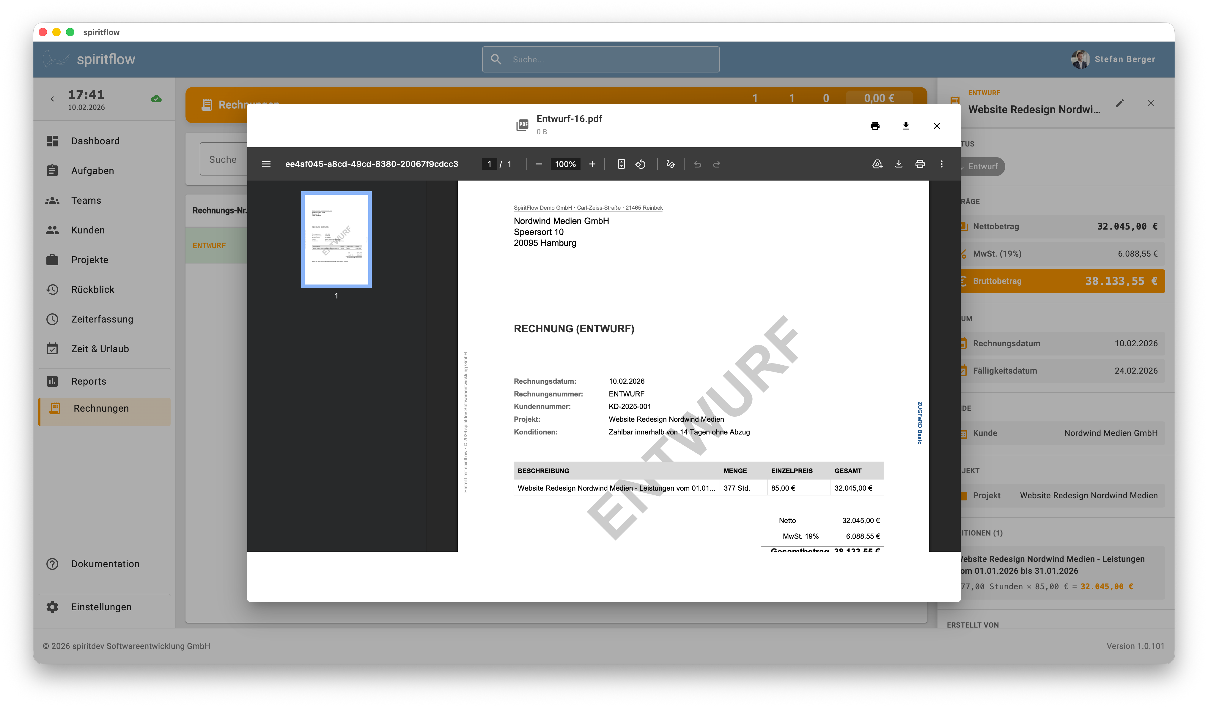spiritflow Rechnungsvorschau